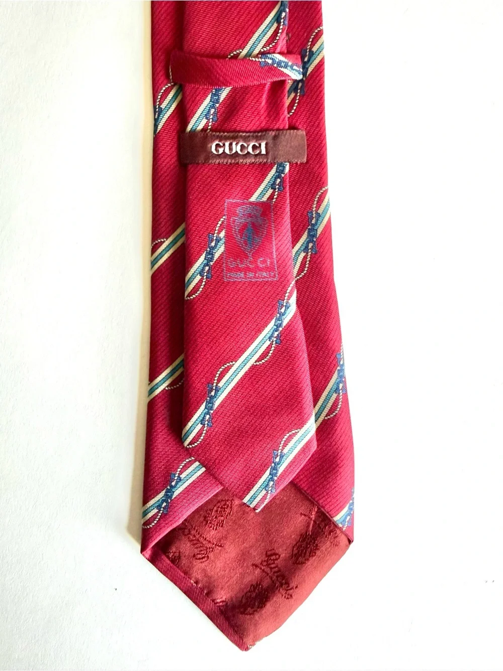 GUCCI Vintage Silk Tie Red Diagonal Stripe Nautical Rope Interlocking GG 80s